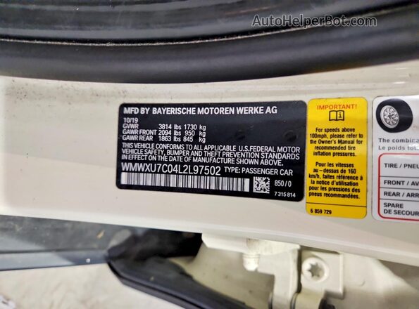 WMWXU7C04L2L97502 2020 MINI COOPER Beige Vista de la etiqueta del VIN