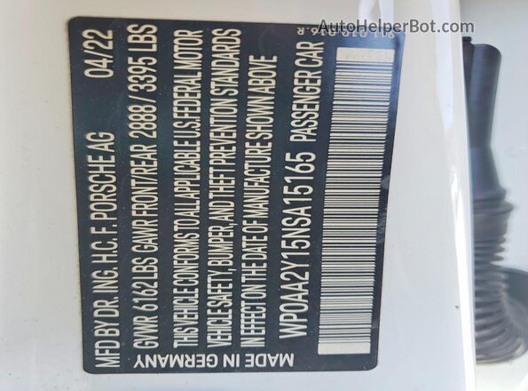 WP0AA2Y15NSA15165 2022 PORSCHE TAYCAN White Вид наклейки з VIN-кодом