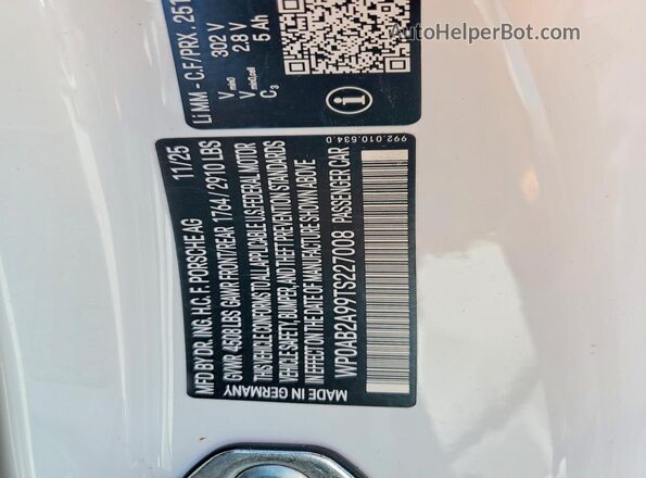 WP0AB2A99TS227008 2026 PORSCHE 911 White Вид наклейки з VIN-кодом