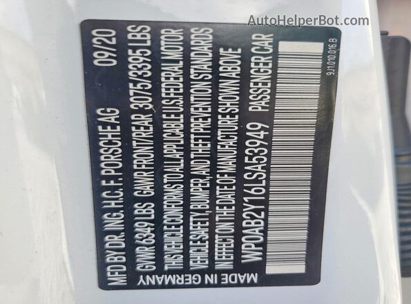 WP0AB2Y16LSA53949 2020 PORSCHE TAYCAN White ძრავის განყოფილების ხედი