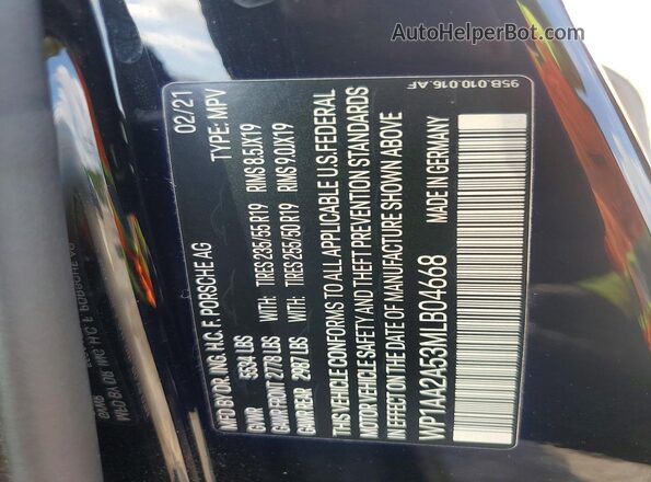 WP1AA2A53MLB04668 2021 PORSCHE MACAN Black Vista de la etiqueta del VIN