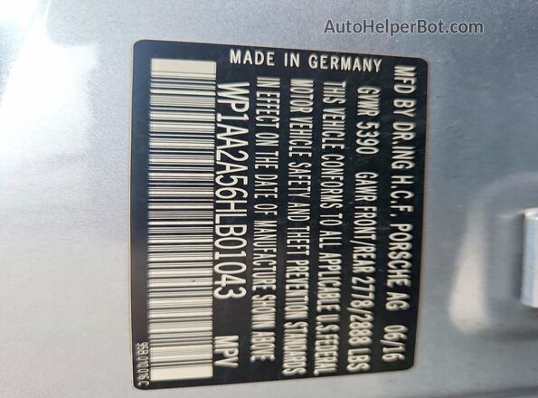 WP1AA2A56HLB01043 2017 PORSCHE MACAN Silver VIN კოდის სტიკერის ხედი