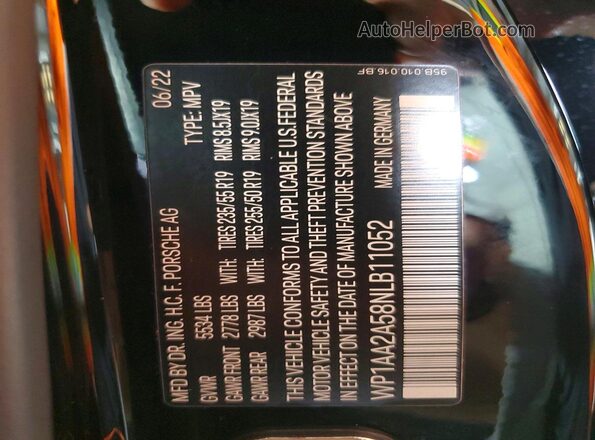 WP1AA2A58NLB11052 2022 PORSCHE MACAN Black VIN კოდის სტიკერის ხედი