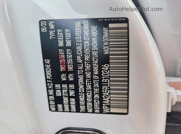 WP1AA2A59LLB10246 2020 PORSCHE MACAN White Вид наклейки з VIN-кодом