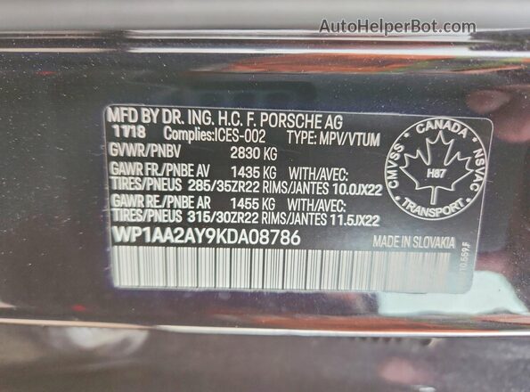 WP1AA2AY9KDA08786 2019 PORSCHE CAYENNE Black Вид наклейки з VIN-кодом