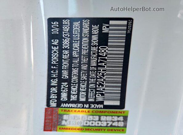 WP1AE2A25HLA71480 2017 PORSCHE CAYENNE White Вид наклейки з VIN-кодом