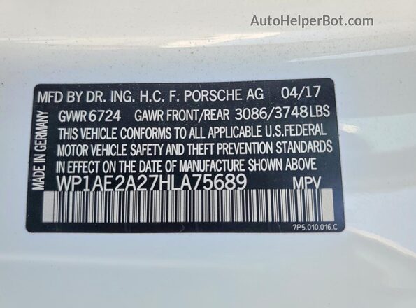 WP1AE2A27HLA75689 2017 PORSCHE CAYENNE White VIN კოდის სტიკერის ხედი
