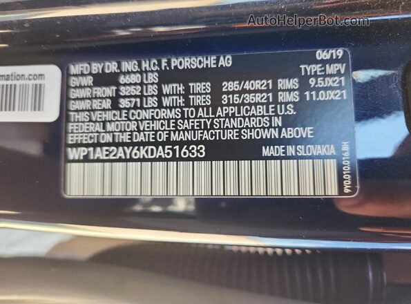WP1AE2AY6KDA51633 2019 PORSCHE CAYENNE Black VIN sticker view