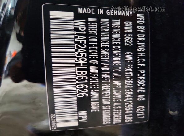 WP1AF2A59HLB61626 2017 PORSCHE MACAN Black Vista de la etiqueta del VIN