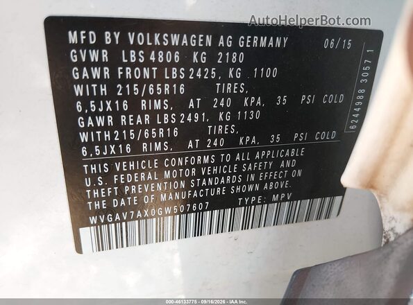 WVGAV7AX0GW507607 2016 VOLKSWAGEN TIGUAN White ძრავის განყოფილების ხედი