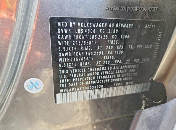 WVGAV7AX1HK039220 2017 VOLKSWAGEN TIGUAN Gray Widok naklejki z numerem VIN