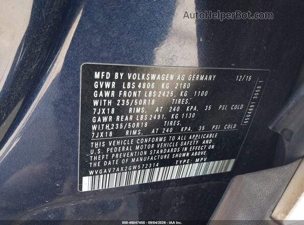 WVGAV7AX2GW572314 2016 VOLKSWAGEN TIGUAN Blue Engine compartment view