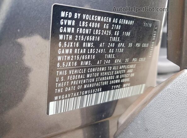 WVGAV7AX7GW559266 2016 VOLKSWAGEN TIGUAN Gray VIN կոդի պիտակի տեսք