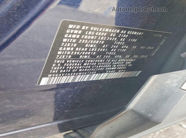 WVGAV7AX8GW561589 2016 VOLKSWAGEN TIGUAN Blue Vista del compartimento del motor