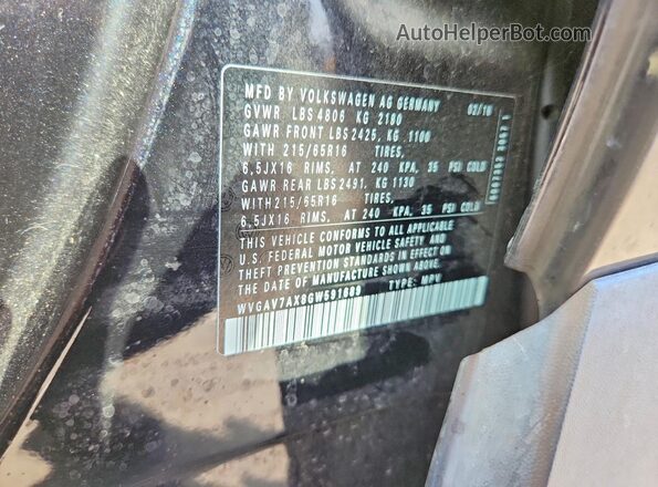 WVGAV7AX8GW591689 2016 VOLKSWAGEN TIGUAN Black VIN კოდის სტიკერის ხედი