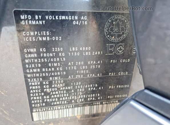 WVGJV7AX3GW607961 2016 VOLKSWAGEN TIGUAN Blue VIN კოდის სტიკერის ხედი