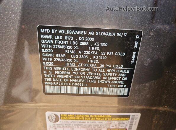 WVGRF7BP3HD006514 2017 VOLKSWAGEN TOUAREG Gray Սալոնի 360 աստիճան տեսք