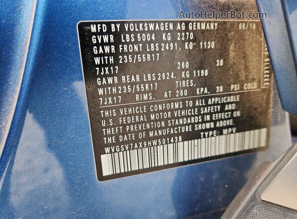 WVGSV7AX9HW501438 2017 VOLKSWAGEN TIGUAN Blue VIN կոդի պիտակի տեսք