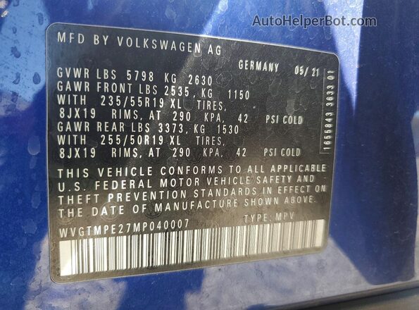 WVGTMPE27MP040007 2021 VOLKSWAGEN ID.4 Blue Vista de la etiqueta del VIN