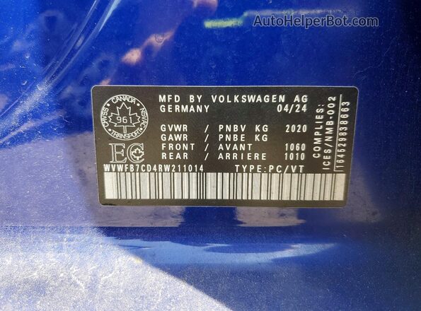 WVWFB7CD4RW211014 2024 VOLKSWAGEN GOLF Blue Vista de la etiqueta del VIN