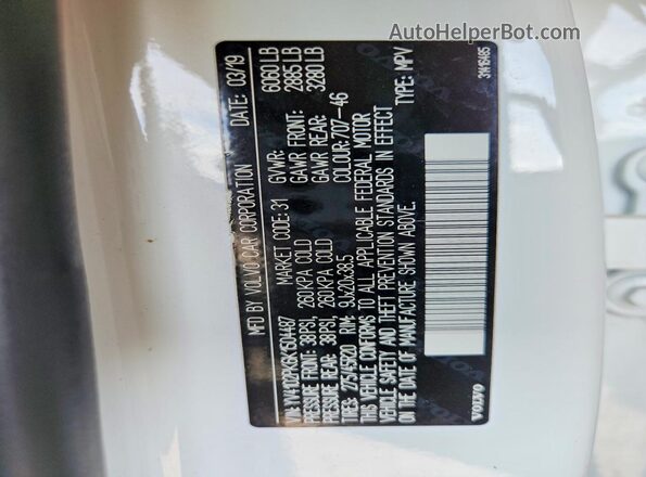 YV4102PK6K1504487 2019 VOLVO XC90 White VIN sticker view