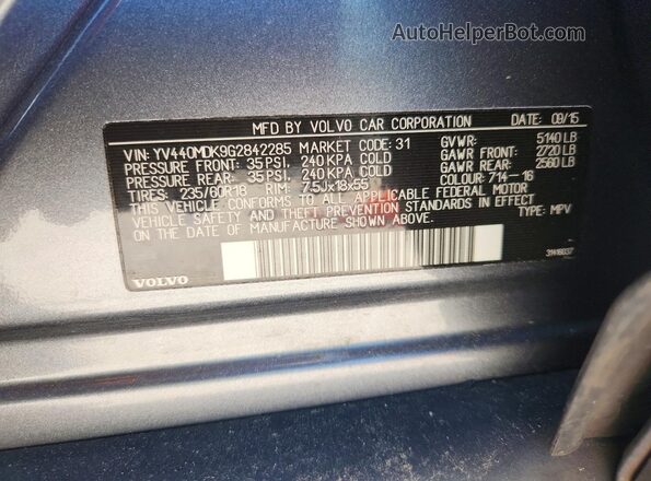 YV440MDK9G2842285 2016 VOLVO XC60 Gray VIN კოდის სტიკერის ხედი