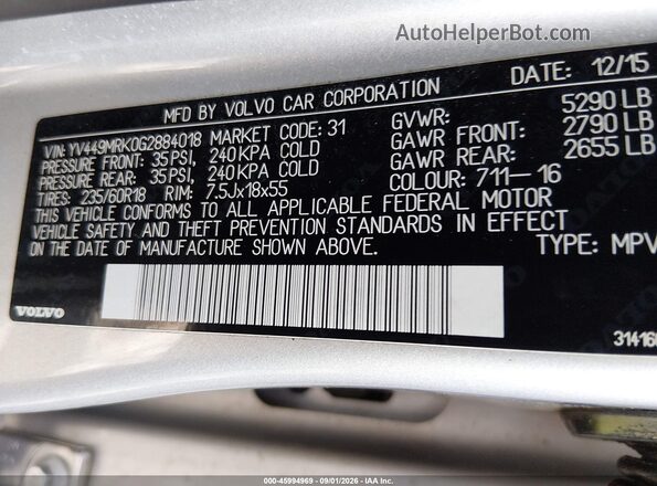 YV449MRK0G2884018 2016 VOLVO XC60 Silver ძრავის განყოფილების ხედი