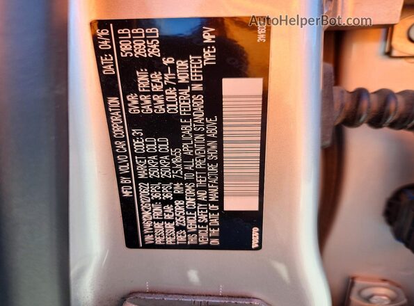 YV4612NK2G1270622 2016 VOLVO XC70 Silver VIN sticker view