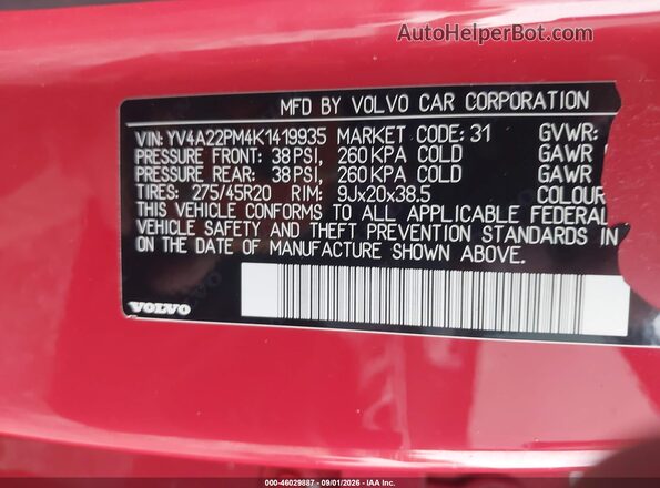 YV4A22PM4K1419935 2019 VOLVO XC90 Red Widok komory silnika