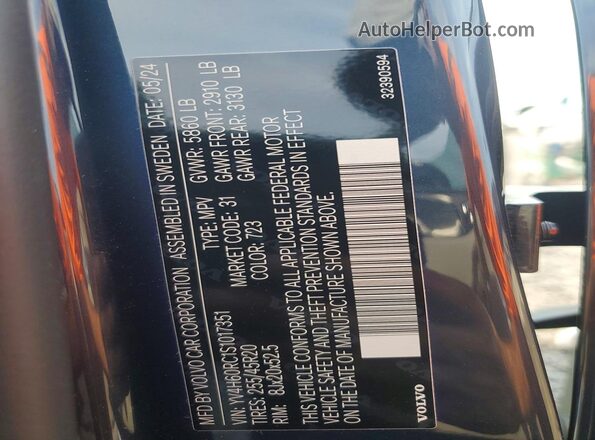 YV4H60RC1S1017351 2025 VOLVO XC60 Blue Vista de la etiqueta del VIN