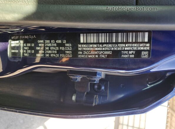 ZACCJBBW7GPC66952 2016 JEEP RENEGADE Blue VIN կոդի պիտակի տեսք