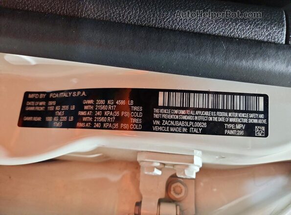 ZACNJBAB3LPL00626 2020 JEEP RENEGADE White VIN կոդի պիտակի տեսք