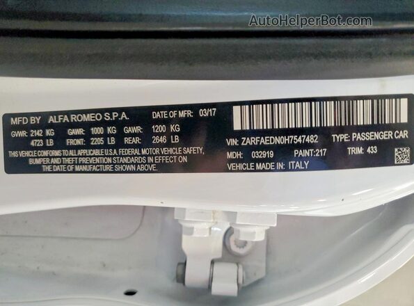 ZARFAEDN0H7547482 2017 ALFA ROMEO GIULIA White Widok komory silnika