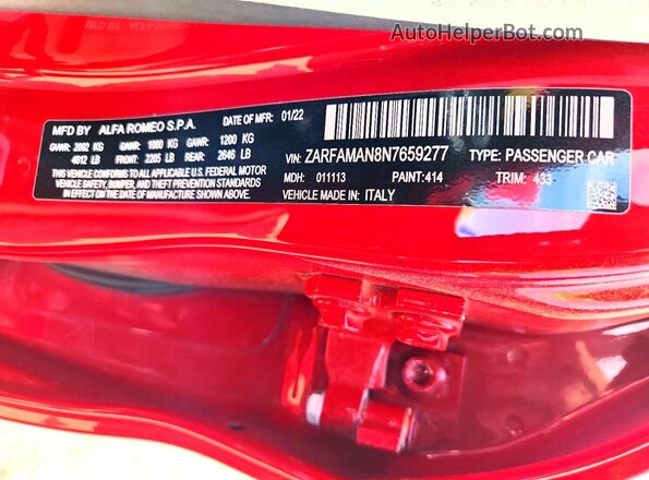 ZARFAMAN8N7659277 2022 ALFA ROMEO GIULIA Red Widok naklejki z numerem VIN