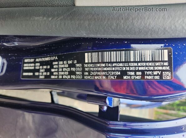 ZASPAKAN1L7C91564 2020 ALFA ROMEO STELVIO Blue Вид наклейки з VIN-кодом