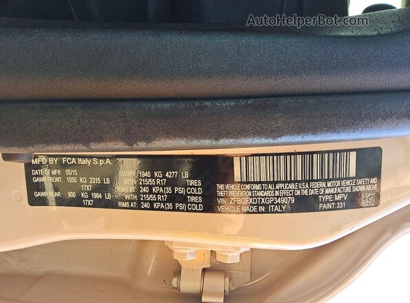 ZFBCFXDTXGP349079 2016 FIAT 500X Cream Vista de la etiqueta del VIN