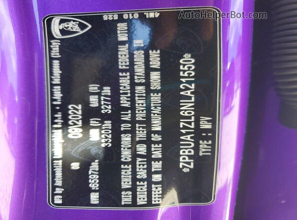 ZPBUA1ZL6NLA21550 2022 LAMBORGHINI URUS Purple Вид наклейки з VIN-кодом